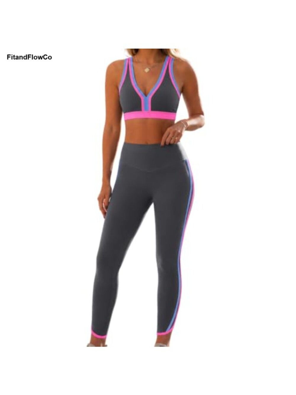 V-Neck Racerback Sports Bra High Waist Leggings Set Nylon Spandex Workout